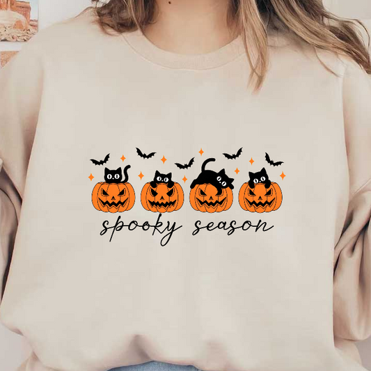 Celebrate Halloween with playful black cats atop carved pumpkins and sparkles!DTF Transfers