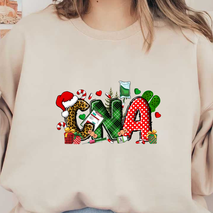 A vibrant and festive design featuring the letters "C," "N," and "A," adorned with holiday elements and medical symbols.DTF Transfers