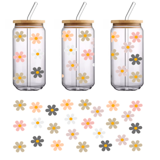 A vibrant pattern of colorful flowers featuring soft hues of pink, white, gray, and yellow, creating a cheerful design.UV Transfers heat press transfers