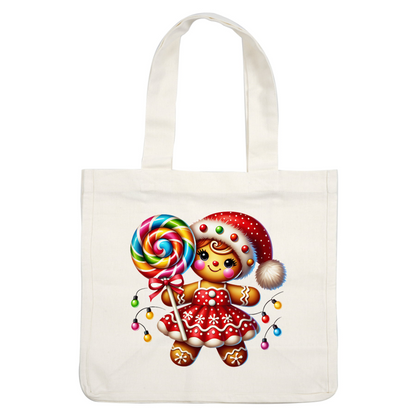 This cheerful gingerbread girl in a festive red dress and Santa hat holds a vibrant lollipop, embodying holiday spirit.DTF Transfers