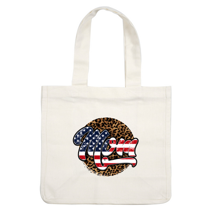 Stylish "Mom" graphic featuring a patriotic American flag design, set against a bold leopard print background.