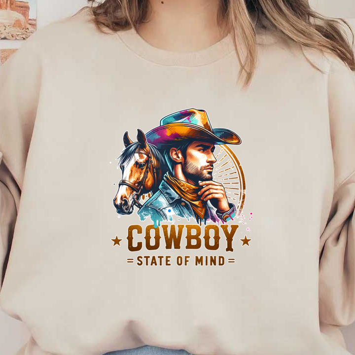 Una ilustración vibrante de un vaquero con un caballo, con el texto "Cowboy State of Mind" en letras en negrita.