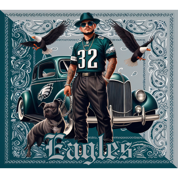 This vibrant illustration features a man in an Eagles jersey with a classic car, accompanied by a pit bull and flying birds.