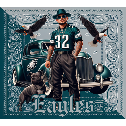 This vibrant illustration features a man in an Eagles jersey with a classic car, accompanied by a pit bull and flying birds.