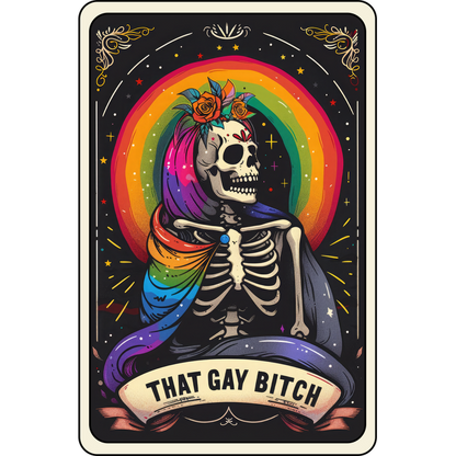 A colorful illustration featuring a decorated skeleton with rainbow accents and flowers, embodying a vibrant, proud spirit. dtf transfers