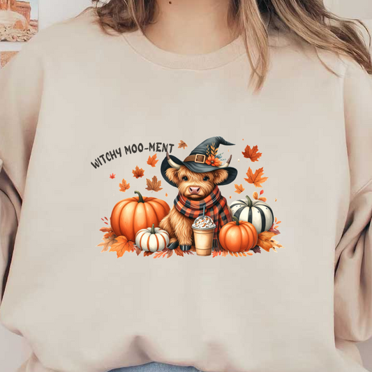 A cute Highland cow wearing a witch hat and scarf sits among pumpkins and autumn leaves, enjoying a fall-inspired drink. dtf transfers