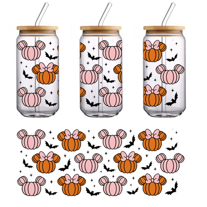 A whimsical pattern featuring cute Mickey Mouse-shaped pumpkins in pastel pink and orange with bows, ideal for autumn decor.UV Transfers dtf prints