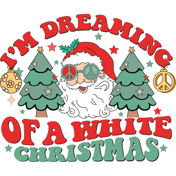 A whimsical Christmas design featuring a cheerful Santa with peace sign glasses, surrounded by festive trees and playful text. dtf transfers