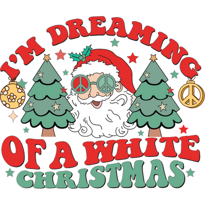 A whimsical Christmas design featuring a cheerful Santa with peace sign glasses, surrounded by festive trees and playful text. dtf transfers