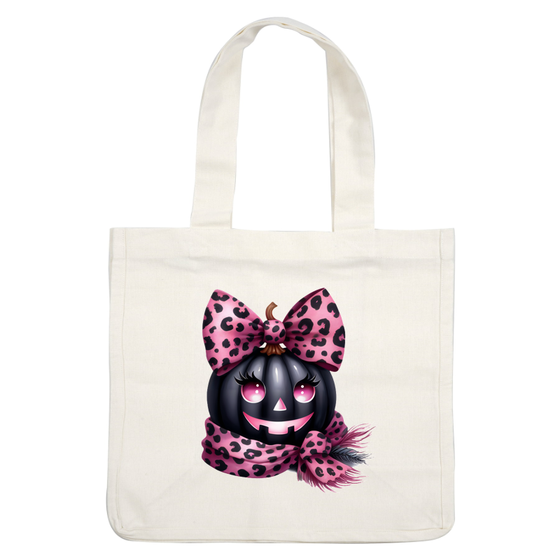 ¡Esta linda calabaza negra presenta divertidos accesorios con estampado de leopardo rosa, incluido un lazo grande y una bufanda acogedora, perfecta para Halloween!