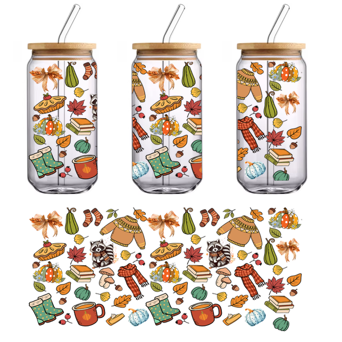 A delightful autumn-themed illustration featuring cozy sweaters, raccoons, pumpkins, leaves, and warm mugs, capturing the essence of fall.UV Transfersdtf regular iron