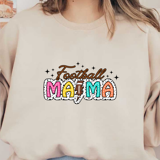 Un diseño gráfico colorido y divertido que presenta las palabras "Football Mama" con letras vibrantes y un acento de rayo.