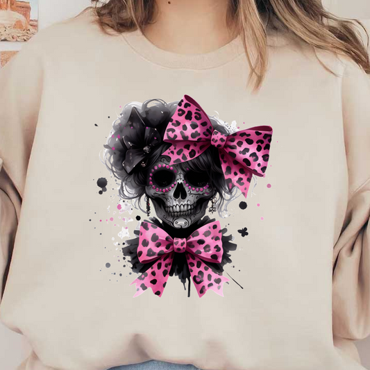 Una elegante ilustración de calavera adornada con atrevidos lazos con estampado de leopardo en tonos rosas y negros, que combinan elementos atrevidos y divertidos.