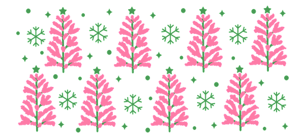 A whimsical pattern featuring pink trees and green snowflakes, perfect for adding a festive touch to any design.UV Transfers heat press transfers