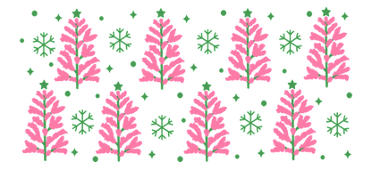 A whimsical pattern featuring pink trees and green snowflakes, perfect for adding a festive touch to any design.UV Transfers heat press transfers