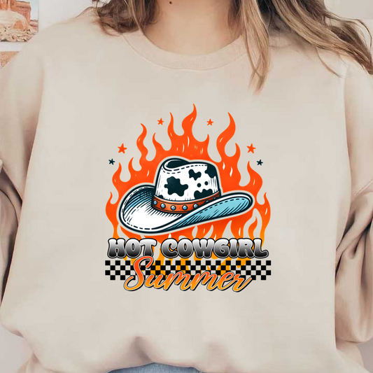 Un diseño vibrante que presenta un elegante sombrero de vaquera en medio de llamas ardientes, con las palabras "Hot Cowgirl Summer" claramente visibles.