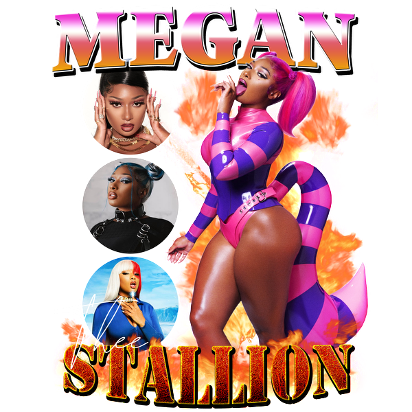 Bold and dynamic collage featuring Megan Thee Stallion in vibrant outfits, showcasing her striking style and confident persona.DTF Transfersdtf regular iron