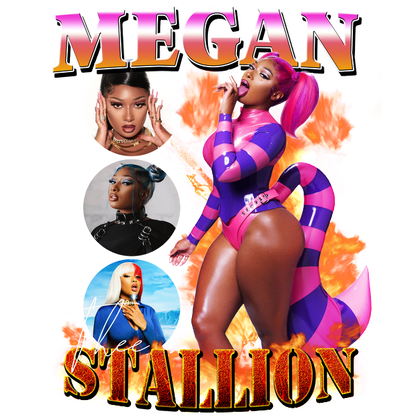 Bold and dynamic collage featuring Megan Thee Stallion in vibrant outfits, showcasing her striking style and confident persona.DTF Transfersdtf regular iron