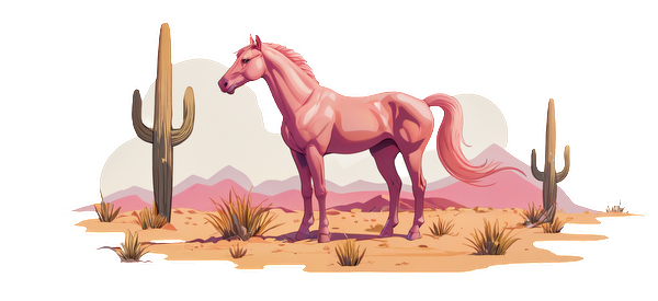 A whimsical pink horse stands proudly in a desert landscape, surrounded by cacti and distant mountains.UV Transfersdtf regular iron