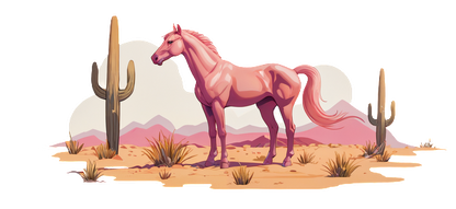 A whimsical pink horse stands proudly in a desert landscape, surrounded by cacti and distant mountains.UV Transfersdtf regular iron