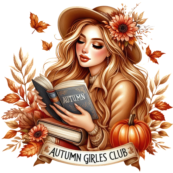 Cozy autumn illustration featuring a girl in a hat reading a book, surrounded by sunflowers, leaves, and a pumpkin. heat press transfers