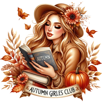 Cozy autumn illustration featuring a girl in a hat reading a book, surrounded by sunflowers, leaves, and a pumpkin. heat press transfers