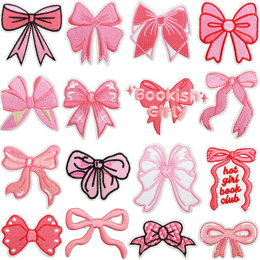 A delightful collection of various pink embroidered bows and patches, featuring cute designs and charming text like "Bookish Girl."Patches dtf transfers dtf prints