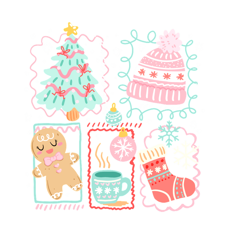 A cheerful holiday illustration featuring a Christmas tree, gingerbread, and cozy items.DTF Transfers