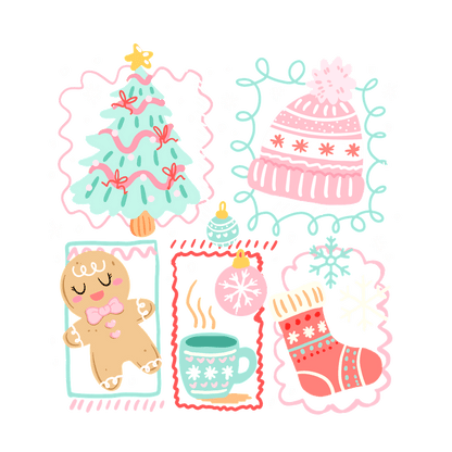 A cheerful holiday illustration featuring a Christmas tree, gingerbread, and cozy items.DTF Transfers