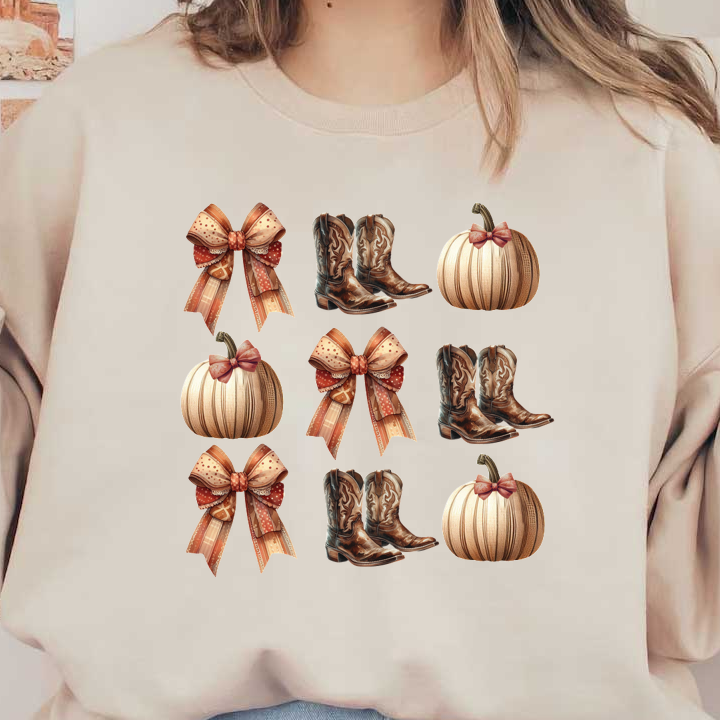 Una encantadora colección con botas de vaquero, lazos festivos y calabazas decorativas, perfectas para diseños con temática otoñal.