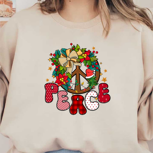 A festive illustration featuring a peace symbol surrounded by Christmas decorations, with the word "PEACE" in colorful, playful letters. heat press transfers