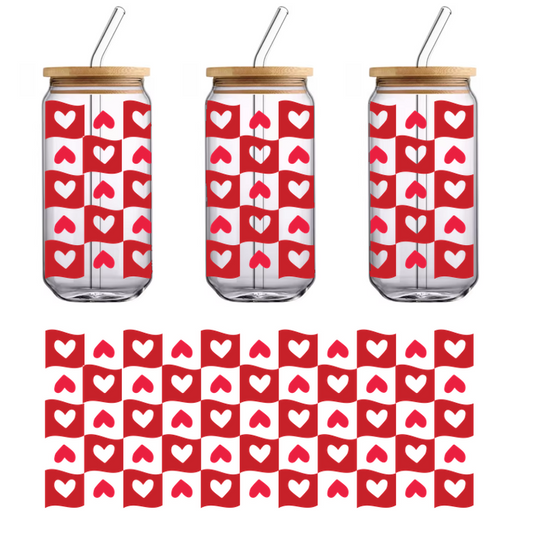 A playful pattern of red flags featuring heart shapes, perfect for Valentine's Day or romantic themes.UV Transfers dtf prints