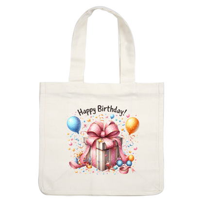 A colorful birthday gift box adorned with a large pink bow and surrounded by festive balloons and confetti, celebrating joyfully!DTF Transfers
