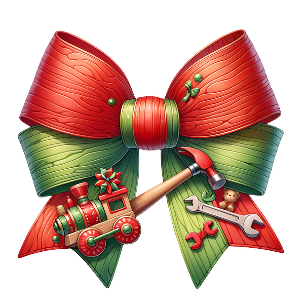 A festive bow featuring red and green ribbons, adorned with a toy train, hammer, and wrenches for a playful touch. heat press transfers