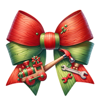 A festive bow featuring red and green ribbons, adorned with a toy train, hammer, and wrenches for a playful touch. heat press transfers