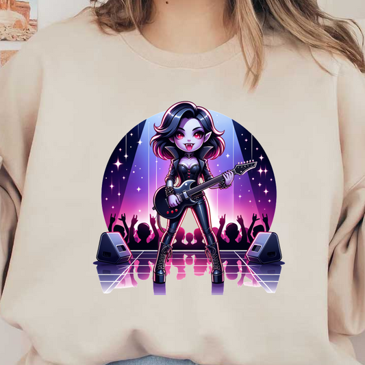 A vibrant cartoon character in a sleek black outfit plays guitar on stage, captivating a cheering crowd with her rock vibe. dtf transfers