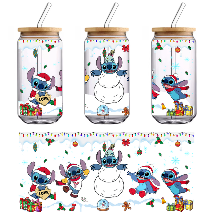 A cheerful scene featuring Stitch and friends celebrating the holidays, surrounded by gifts, decorations, and a snowy snowman.UV Transfers dtf transfers