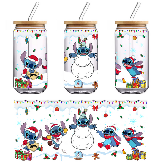 A cheerful scene featuring Stitch and friends celebrating the holidays, surrounded by gifts, decorations, and a snowy snowman.UV Transfers dtf transfers