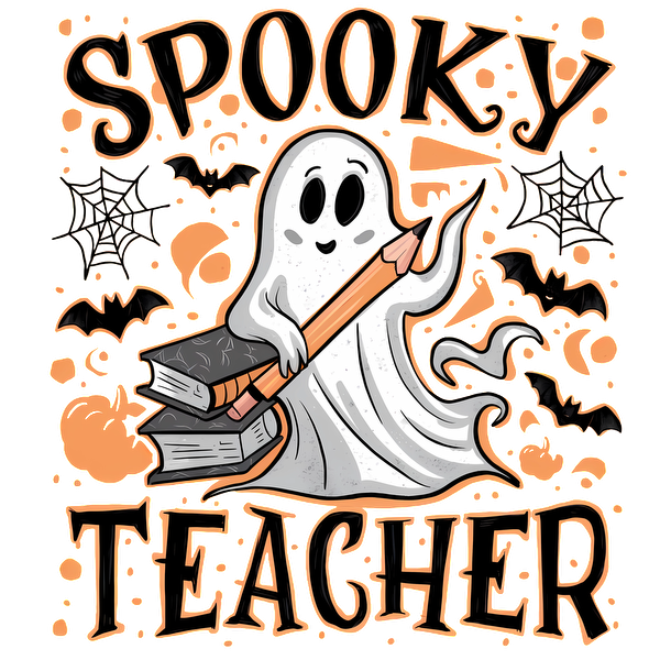 This fun design features a cute ghost holding a pencil and books, perfect for a "Spooky Teacher" theme!