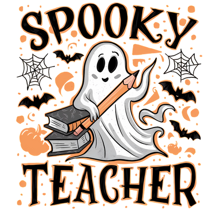 This fun design features a cute ghost holding a pencil and books, perfect for a "Spooky Teacher" theme!