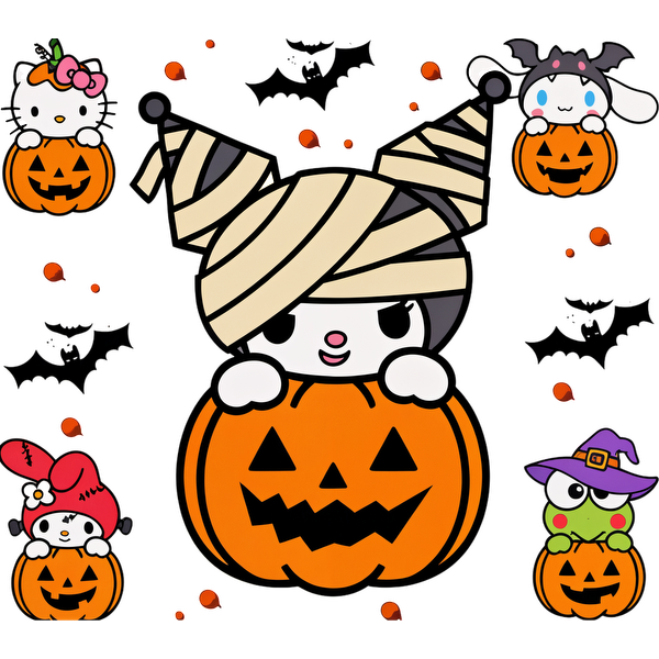 A cheerful Halloween-themed illustration featuring adorable characters inside carved pumpkins, complete with costumes and festive details.DTF Transfersdtf regular iron