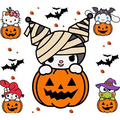 A cheerful Halloween-themed illustration featuring adorable characters inside carved pumpkins, complete with costumes and festive details.DTF Transfersdtf regular iron