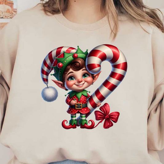 A cheerful cartoon elf in festive attire, holding a large striped candy cane, spreads holiday joy with a big smile.DTF Transfers heat press transfers