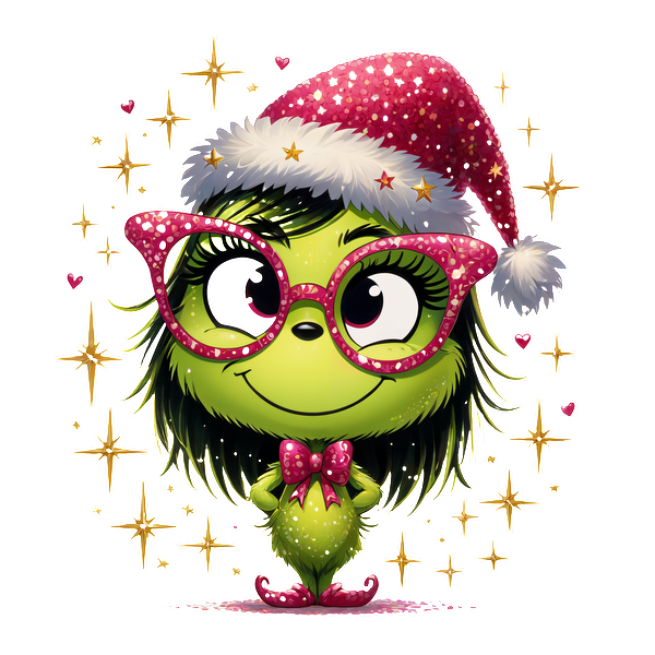 A cheerful green character in a sparkly Santa hat and oversized glasses, complete with a festive bow tie.DTF Transfers dtf prints