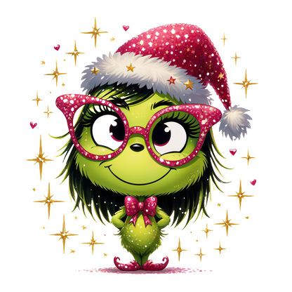 A cheerful green character in a sparkly Santa hat and oversized glasses, complete with a festive bow tie.DTF Transfers dtf prints