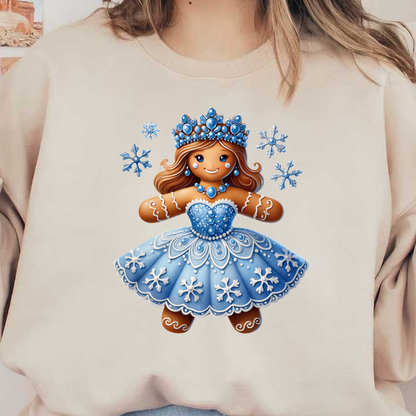 A charming gingerbread girl adorned in a sparkling blue dress, complete with a snowflake crown and frosty accents.DTF Transfers dtf transfers