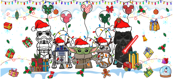 A festive illustration featuring beloved Star Wars characters in Santa hats amidst holiday decorations, surrounded by colorful gifts and lights.UV Transfersdtf regular iron