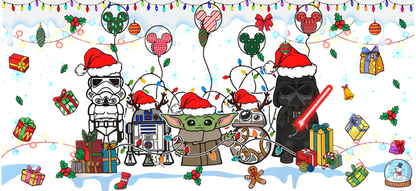 A festive illustration featuring beloved Star Wars characters in Santa hats amidst holiday decorations, surrounded by colorful gifts and lights.UV Transfersdtf regular iron