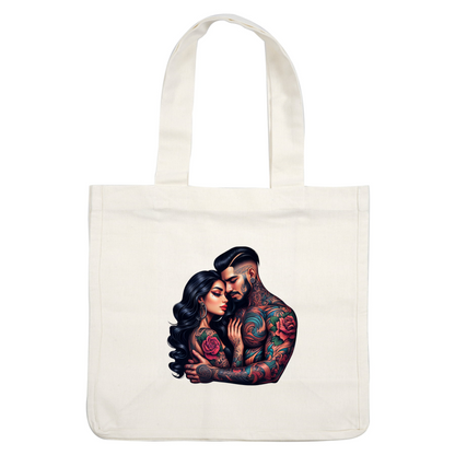 A vibrant and artistic representation of a tattooed couple embracing, showcasing intricate designs and bold colors.DTF Transfers dtf transfers