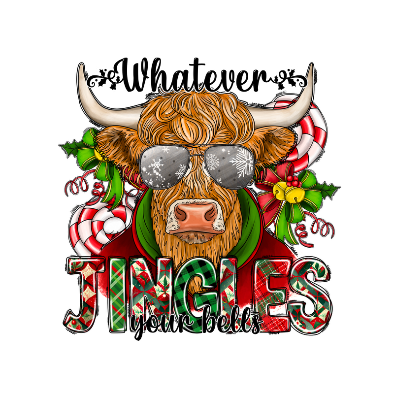 A whimsical holiday design featuring a cool cow wearing sunglasses, surrounded by festive candies and the phrase "Whatever Jingles your bells."DTF Transfersdtf regular irondtf regular iron